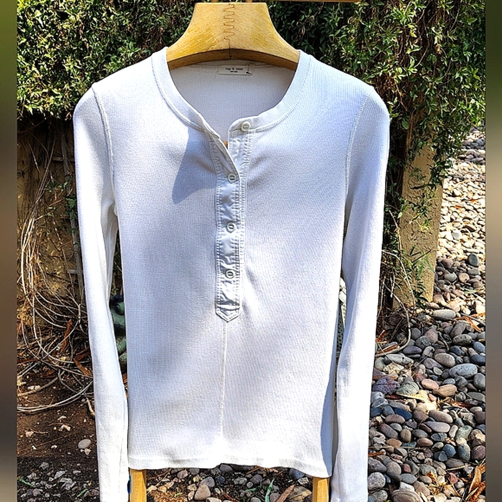 Rag & Bone White Ribbed Long Sleeve Henley